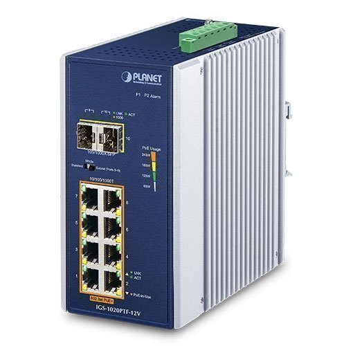 Промышленный коммутатор Ethernet (8 портов 10/100/1000T с 802.3at PoE, 2 порта 100/1000X SFP, 12V бустер)